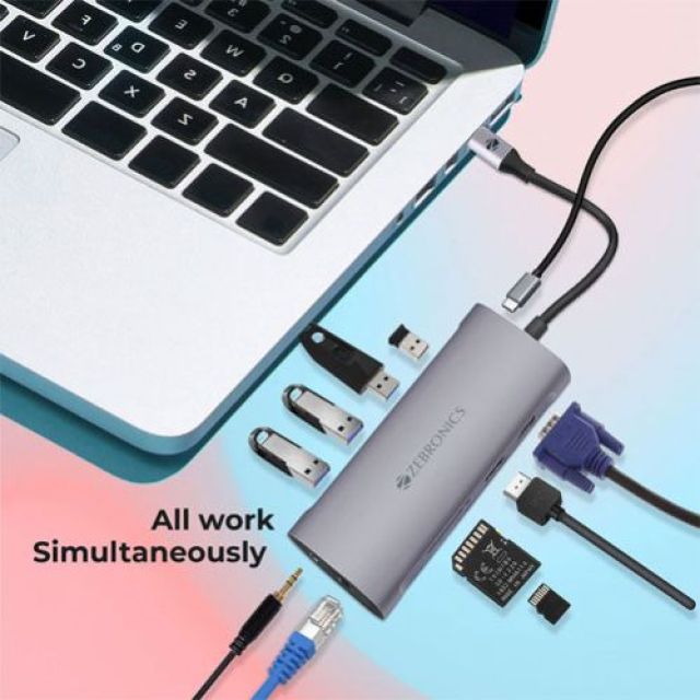 Zebronics Zeb-TA2000UCLVAP – 11 in 1 USB Type C Multiport Adapter with USB, HDMI, VGA, 3.5mm, RJ45, SD, Micro SD, Type C PD