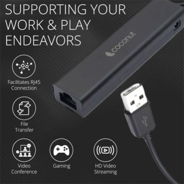 Coconut UL02 USB Hub + LAN ethernet adapter, 3x USB 2.0 Ports