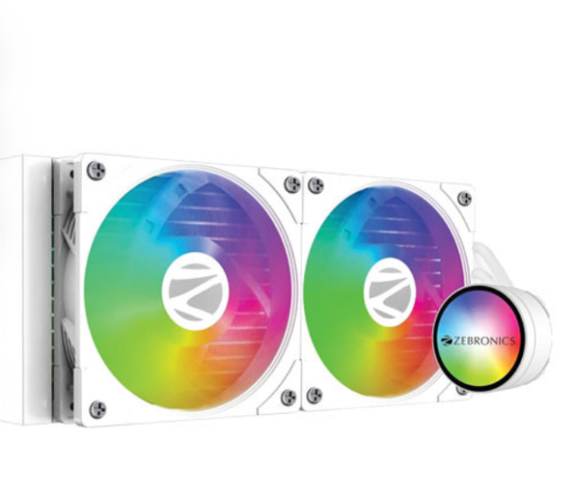 ZEBRONICS Aio240Aw - 240Mm Aio Liquid Cooler With Support Up To Lga1700 / Am5 Sockets, Anti Leak Design, Argb Sync, Braided Tubing, Fan Controller With Remote Control (White),Desktop