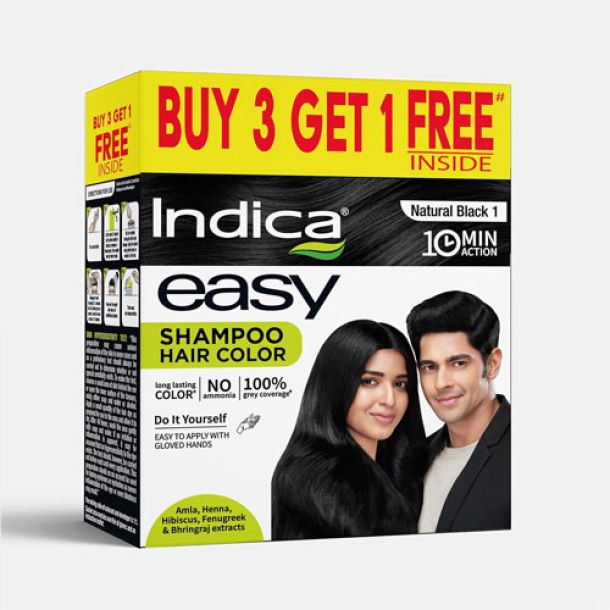 Buy 3 Get 1 Free Indica Easy Natural Black Shampoo Hair Color 100ml